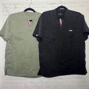 ✨Mediclo Mens Short Sleeve Band Collar Scrub Top Bundle Olive Green Black Size S
